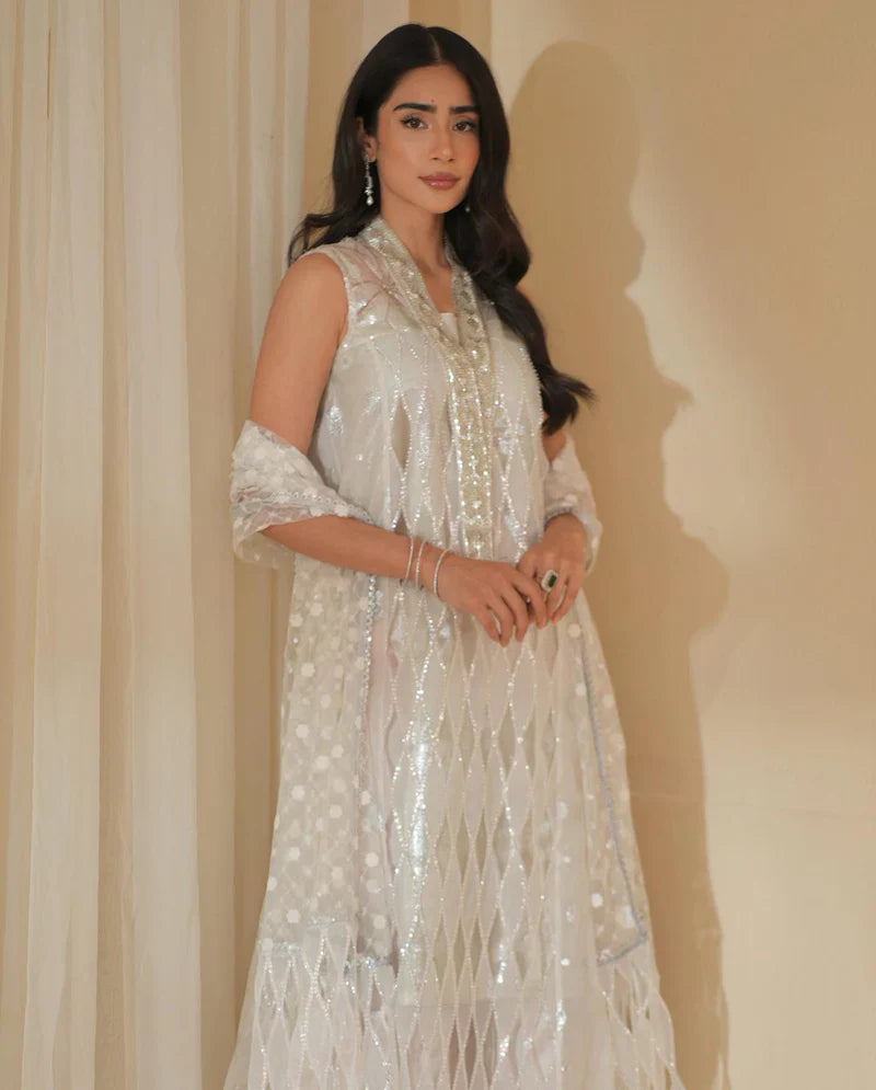 LAJ BY LAJWANTI-ORGANZA HAMNDMADE EMBLISHED EMBROIDERED FRONT SHIRT WITH ORGANZA EMBROIDERED READY TO WEAR DUPATTA-W.J-1322