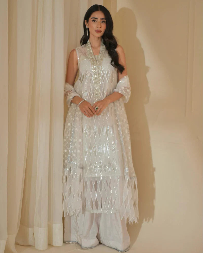 LAJ BY LAJWANTI-ORGANZA HAMNDMADE EMBLISHED EMBROIDERED FRONT SHIRT WITH ORGANZA EMBROIDERED READY TO WEAR DUPATTA-W.J-1322