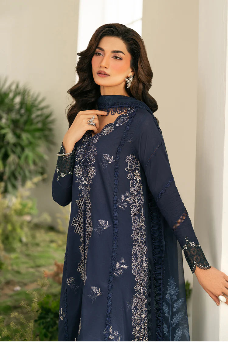 IZNIK-3PC DHANAK CHIKAN EMBROIDERED SHIRT WITH COURTRAI PRINTED SHAWL AND EMB TROUSER-WJ-1946