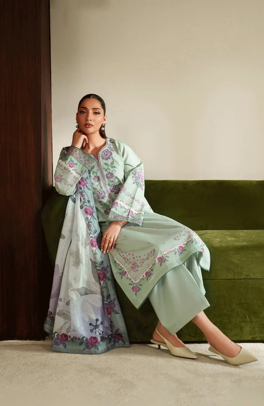 SERAN-3PC DHANAK EMBROIDERED SHIRT WITH COURTRAI PRINTED SHAWL & TROUSER-W.J-2043