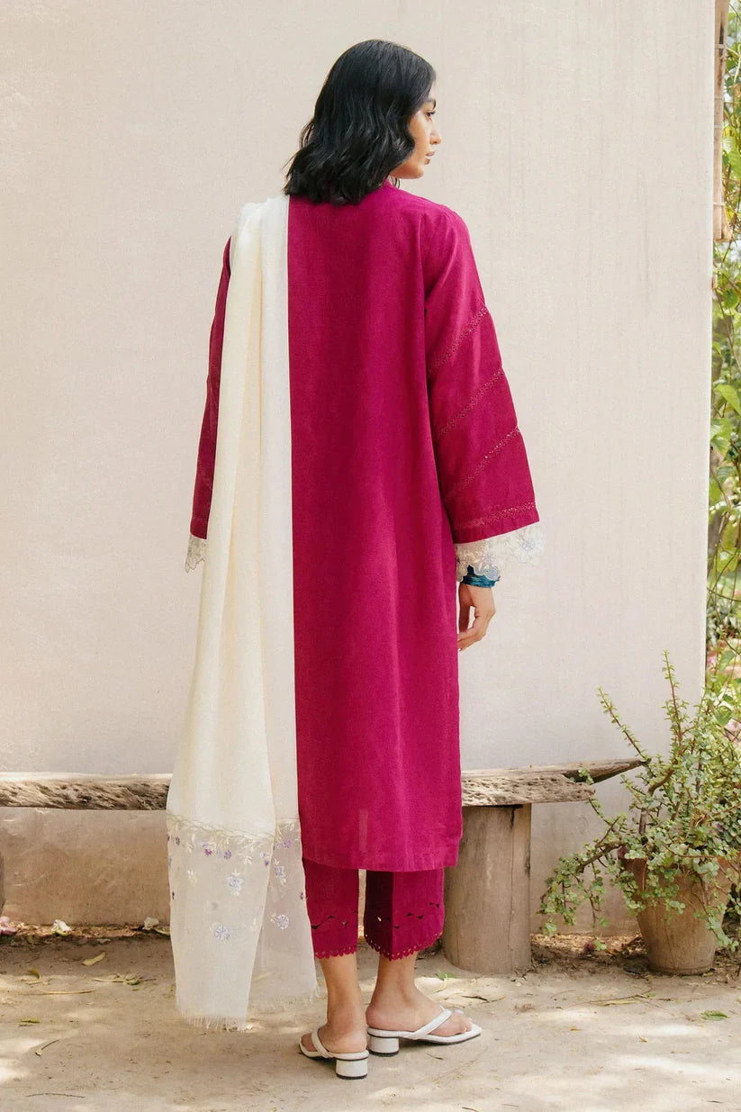 ZARASHAHJAHAN-3PC DHANAK EMBROIDERED SHIRT WITH COTTON NET EMBROIDERED DUPATTA AND TROUSER-W.J-1909