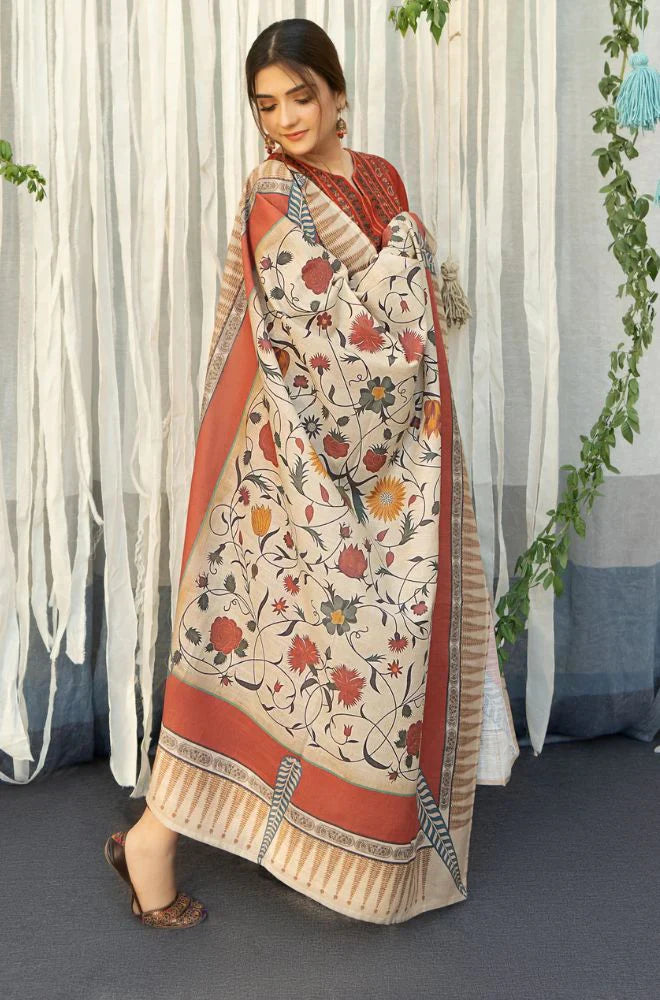 URGE - 3PC DHANAK EMBROIDERED SHIRT WITH COUTURE WOOL PRINT SHAWL AND TROUSER-W.J-1183