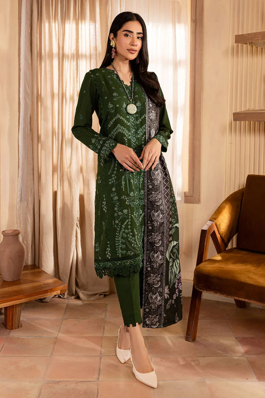 NUREH-3PC DHANAK EMBROIDERED SHIRT WITH COURTRAI PRINTED SHAWL & TROUSER-W.J-2040