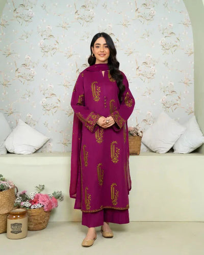 SAPPHIRE-3PC DHANAK EMBROIDERED SHIRT WITH DHANAK EMBROIDERED SHAWL AND TROUSER-W.J-1908