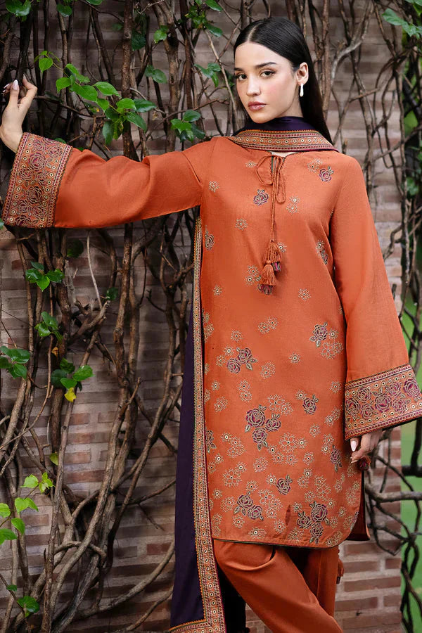 JAZMIN- 3PC DHANAK EMBROIDERED SHIRT WITH WOOL PRINT SHAWL AND TROUSER-W.J-1037