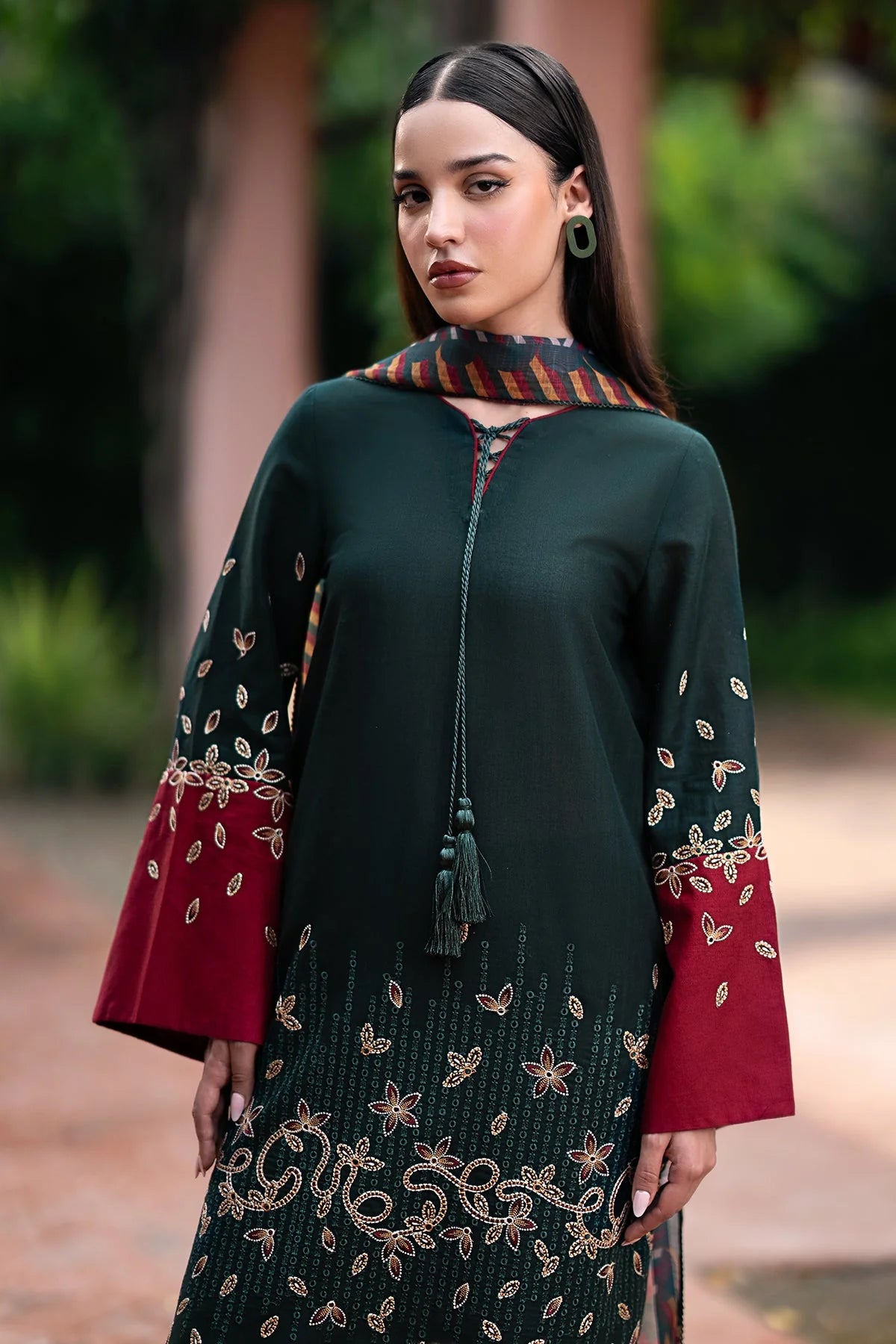 JAZMIN-3PC DHANAK EMBROIDRED SHIRT WITH WOOL PRINT SHAWL AND TROUSER-W.J-1023