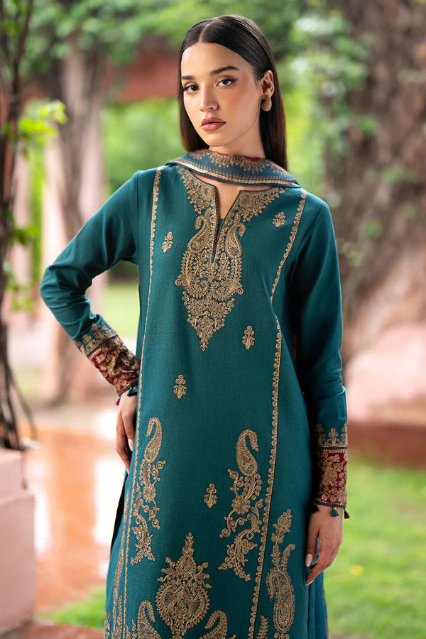 JAZMIN- 3PC DHANAK EMBROIDERED SHIRT WITH WOOL PRINT SHAWL AND TROUSER-W.J-1028