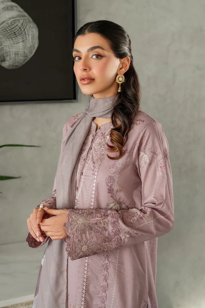 IZNIK-3PC DHANAK EMBROIDERED SHIRT WITH COUTRAI PRINTED SHAWL AND TROUSER-W.J-1805
