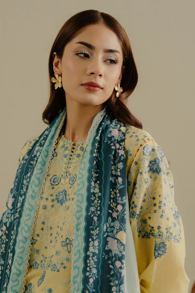 ZARASHAHJAHAN-3PC DHANAK EMBROIDERED SHIRT WITH COURTRAI WOOL PRINTED SHAWL AND TROUSER-W.J-1994