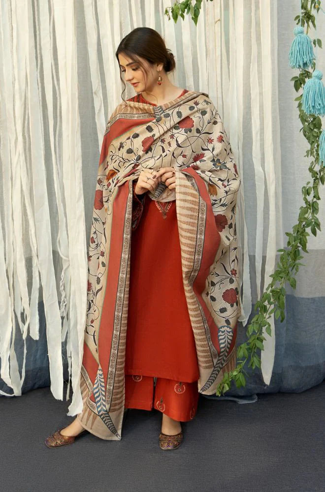 URGE - 3PC DHANAK EMBROIDERED SHIRT WITH COUTURE WOOL PRINT SHAWL AND TROUSER-W.J-1183