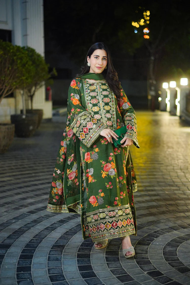 BAROQUE-3PC SHAMOZE SILK PRINTED EMBROIDERED SHIRT WITH SOFT SILK PRINTED EMB DUPATTA & PRINTED TROUSER-W.J-2057