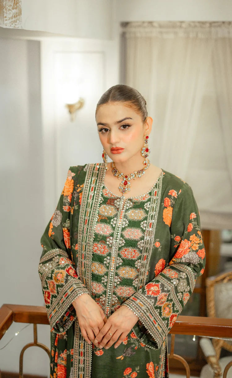 BAROQUE-3PC SHAMOZE SILK PRINTED EMBROIDERED SHIRT WITH SOFT SILK PRINTED EMB DUPATTA & PRINTED TROUSER-W.J-2057