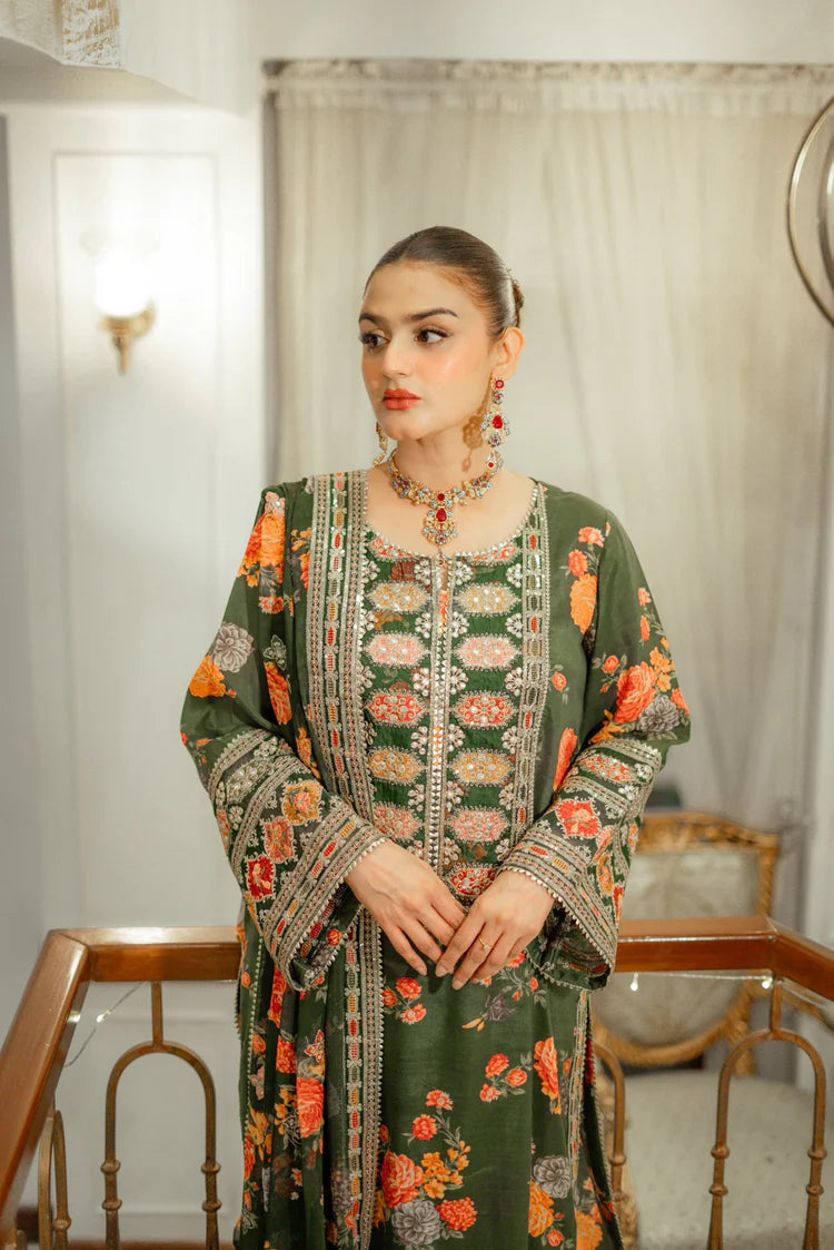 BAROQUE-3PC SHAMOZE SILK PRINTED EMBROIDERED SHIRT WITH SOFT SILK PRINTED EMB DUPATTA & PRINTED TROUSER-W.J-2057