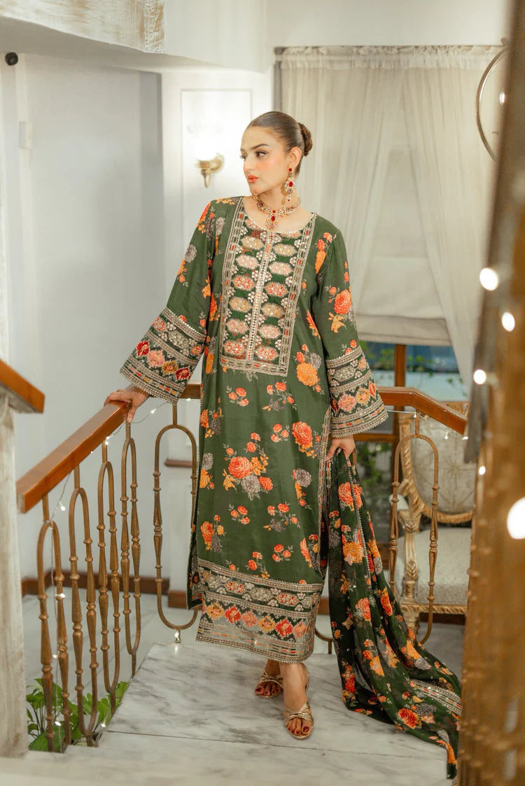 BAROQUE-3PC SHAMOZE SILK PRINTED EMBROIDERED SHIRT WITH SOFT SILK PRINTED EMB DUPATTA & PRINTED TROUSER-W.J-2057