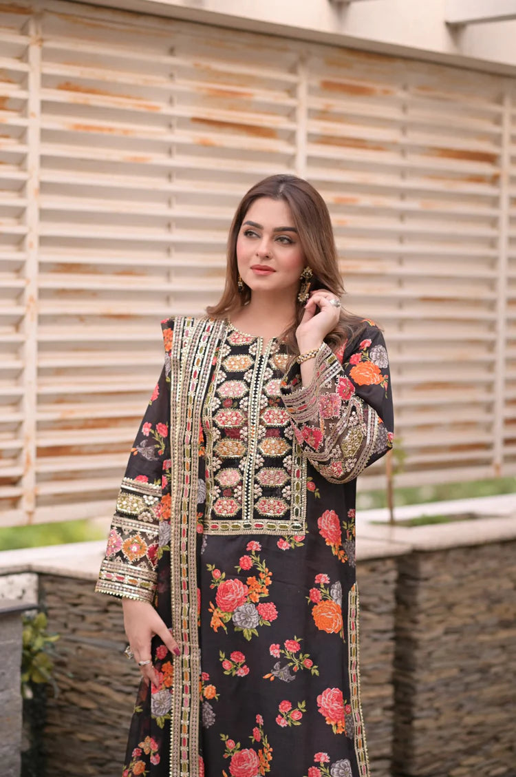 BAROQUE-3PC SHAMOZE SILK PRINTED EMBROIDERED SHIRT WITH SOFT SILK PRINTED EMB DUPATTA & PRINTED TROUSER-W.J-1988