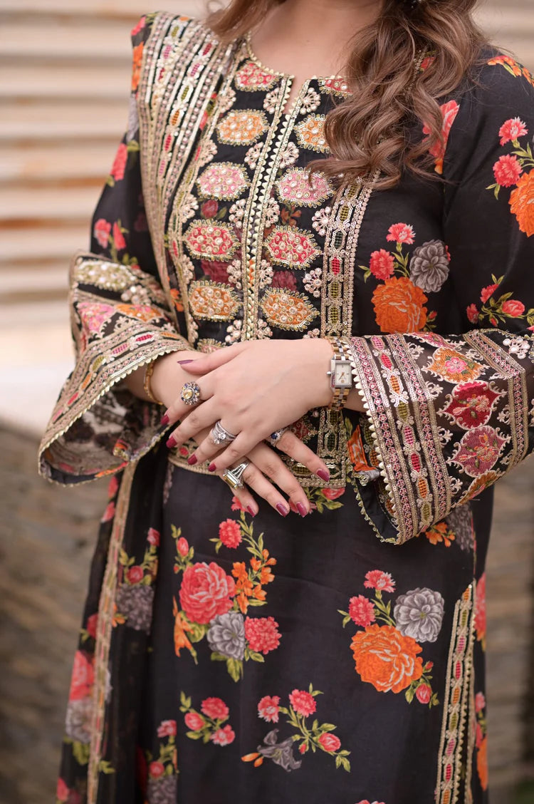 BAROQUE-3PC SHAMOZE SILK PRINTED EMBROIDERED SHIRT WITH SOFT SILK PRINTED EMB DUPATTA & PRINTED TROUSER-W.J-1988
