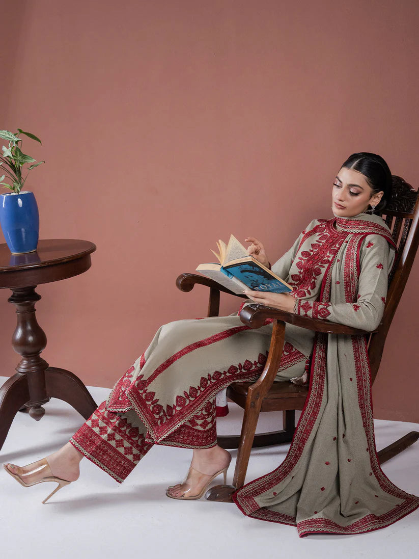 ASIM JOFA-3PC DHANAK EMBROIDERED SHIRT WITH DHANAK EMBROIDERED SHAWL AND EMB TROUSER-W.J-1900
