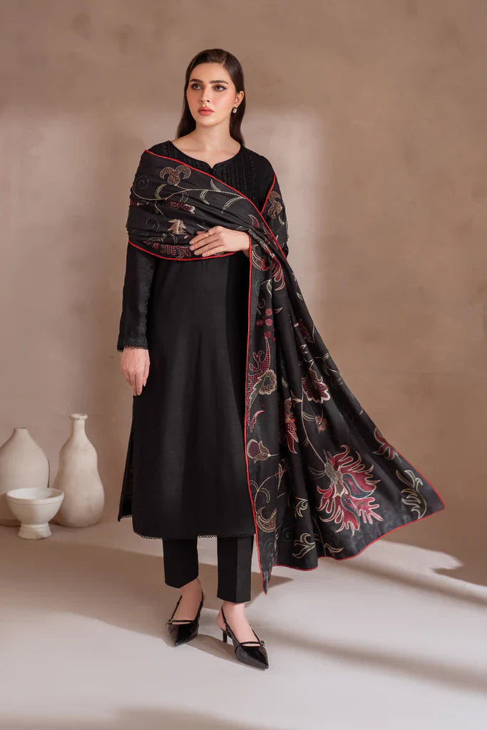 IZNIK-3PC DHANAK EMBROIDERED SHIRT WITH DHANAK EMBROIDERED SHAWL & TROUSER-W.J-1319