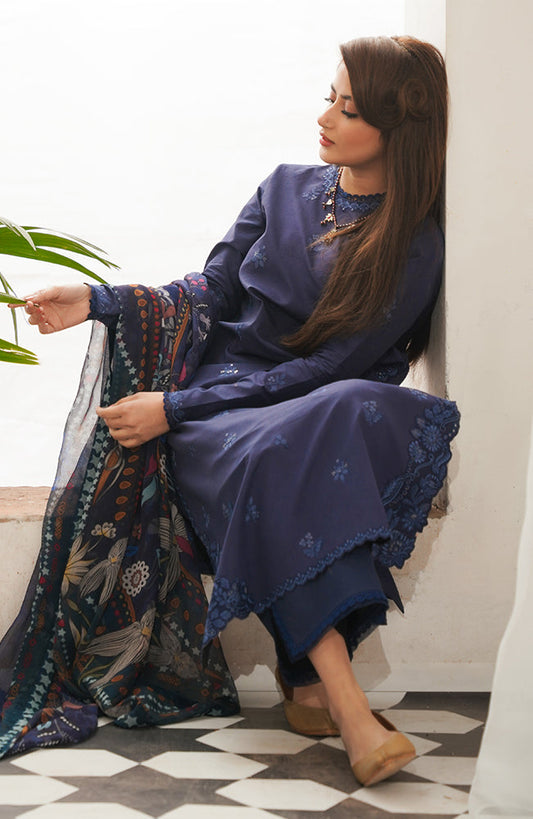 SERAN-3PC DHANAK EMBROIDERED SHIRT WITH COURTRAI WOOL PRINTED SHAWL & TROUSER-W.J-1497