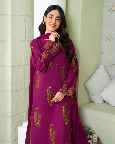 SAPPHIRE-3PC DHANAK EMBROIDERED SHIRT WITH DHANAK EMBROIDERED SHAWL AND TROUSER-W.J-1908