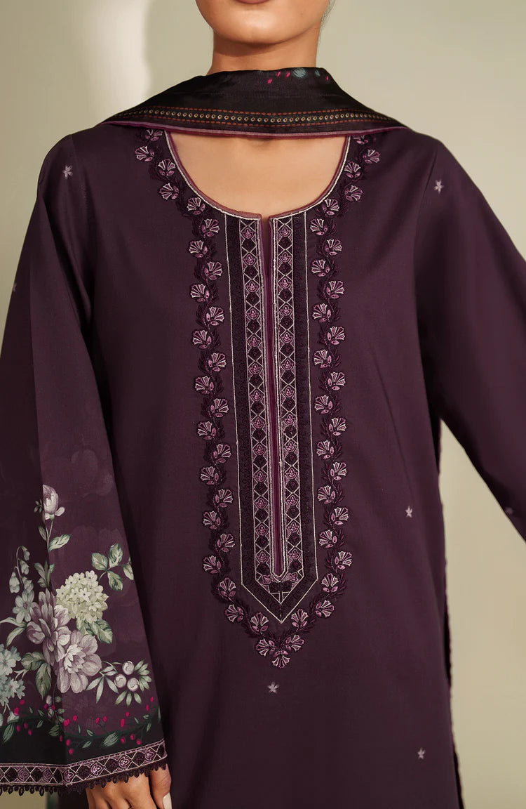 SERAN-3PC DHANAK EMBROIDERED SHIRT WITH COURTRAI PRINTED SHAWL & TROUSER-W.J-2030