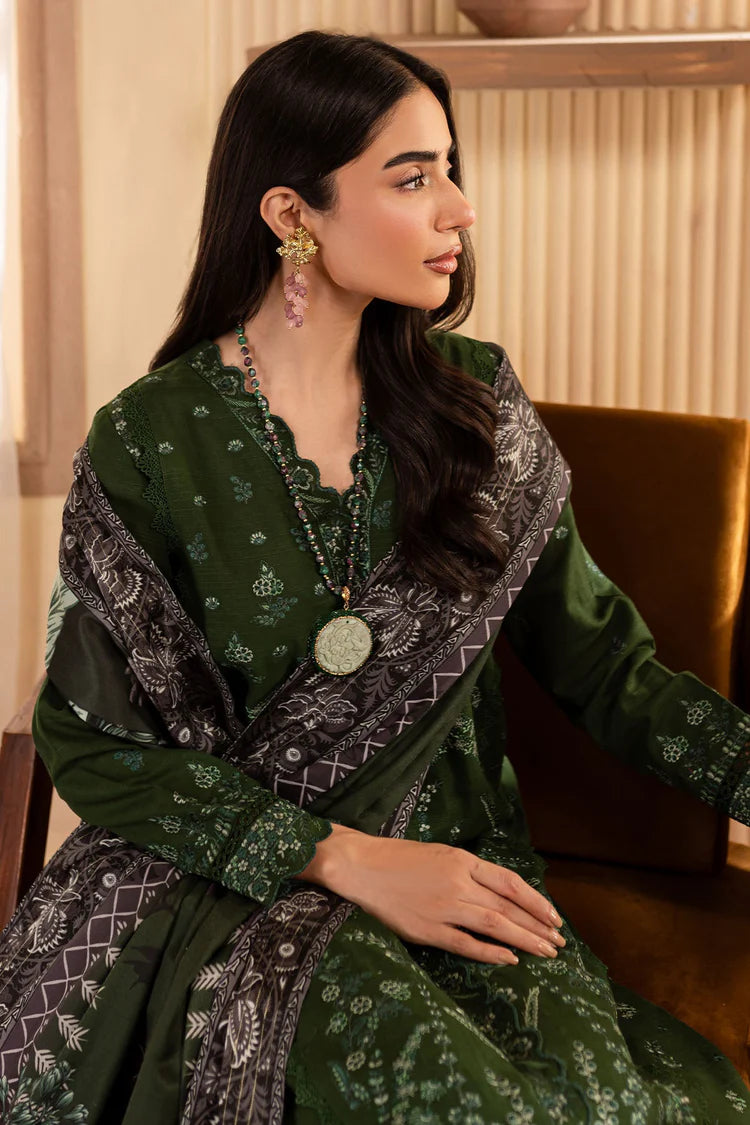 NUREH-3PC DHANAK EMBROIDERED SHIRT WITH COURTRAI PRINTED SHAWL & TROUSER-W.J-2040