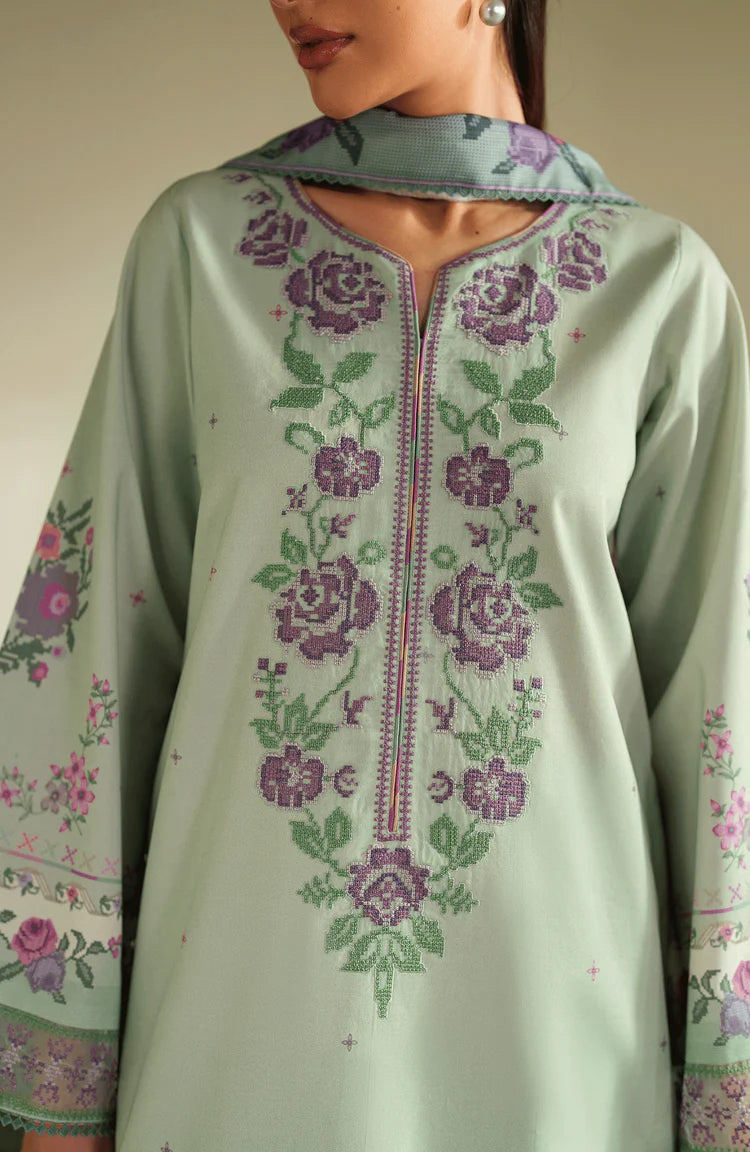 SERAN-3PC DHANAK EMBROIDERED SHIRT WITH COURTRAI PRINTED SHAWL & TROUSER-W.J-2043