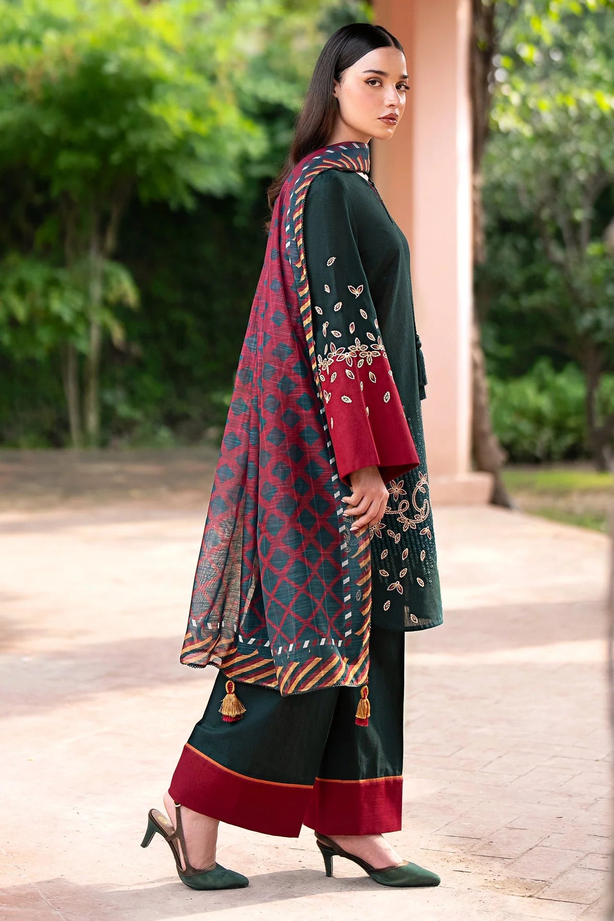 JAZMIN-3PC DHANAK EMBROIDRED SHIRT WITH WOOL PRINT SHAWL AND TROUSER-W.J-1023