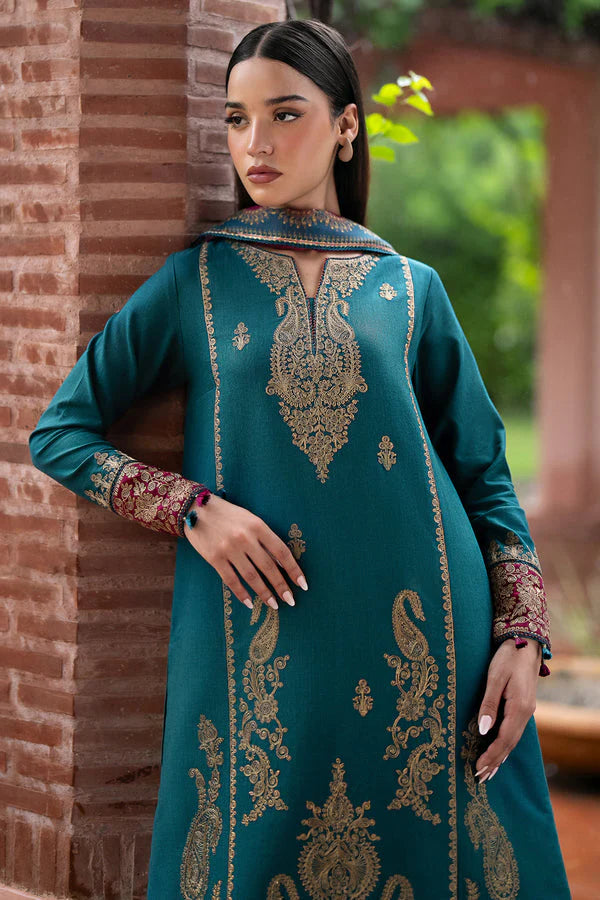JAZMIN- 3PC DHANAK EMBROIDERED SHIRT WITH WOOL PRINT SHAWL AND TROUSER-W.J-1028