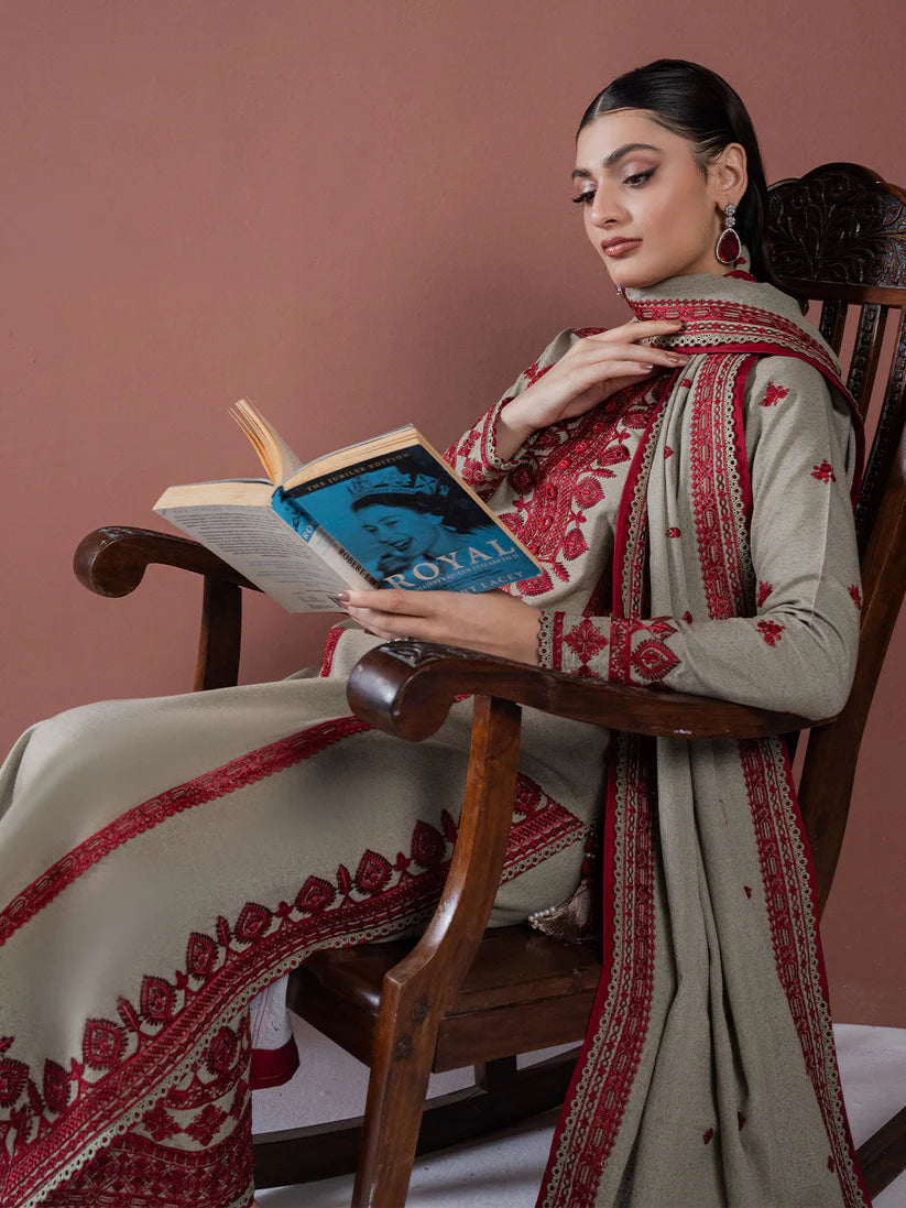 ASIM JOFA-3PC DHANAK EMBROIDERED SHIRT WITH DHANAK EMBROIDERED SHAWL AND EMB TROUSER-W.J-1900