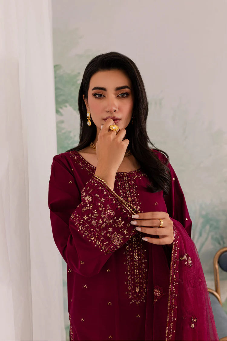 JAZMIN-3PC DHANAK EMBROIDERED SHIRT WITH ORGANZA EMBROIDERED DUPATTA AND TROUSER -WJ-1930