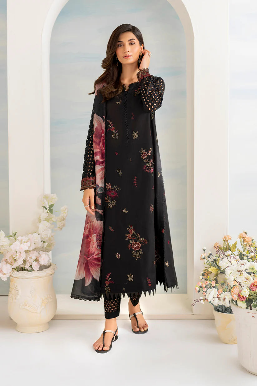IZNIK- 3PC DHANAK EMBROIDERED SHIRT WITH COUTURE PRINT SHAWL AND EMB TROUSER-W.J-1793