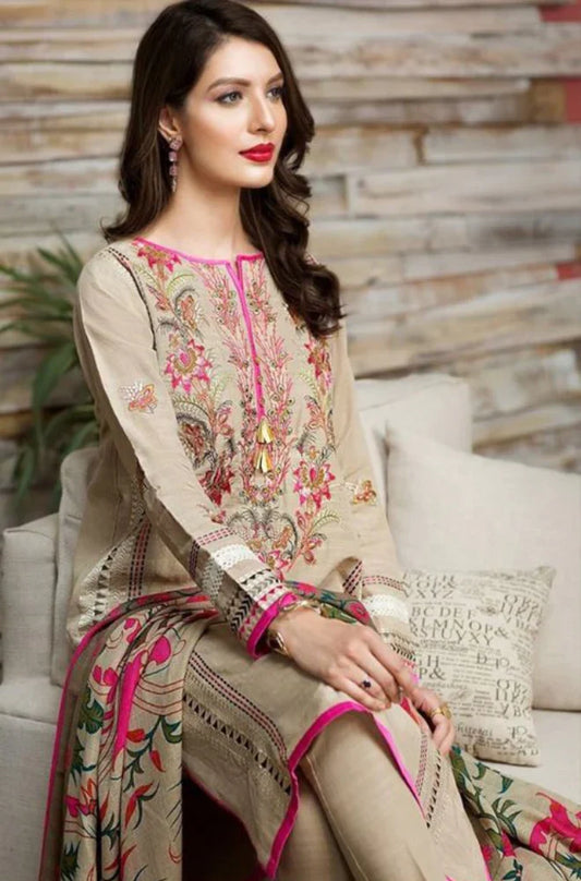 KHAADI-3PC KHADDAR EMBROIDRED SHIRT WITH COUTRARI PRINT SHAW & TROUSER-W.J-1785