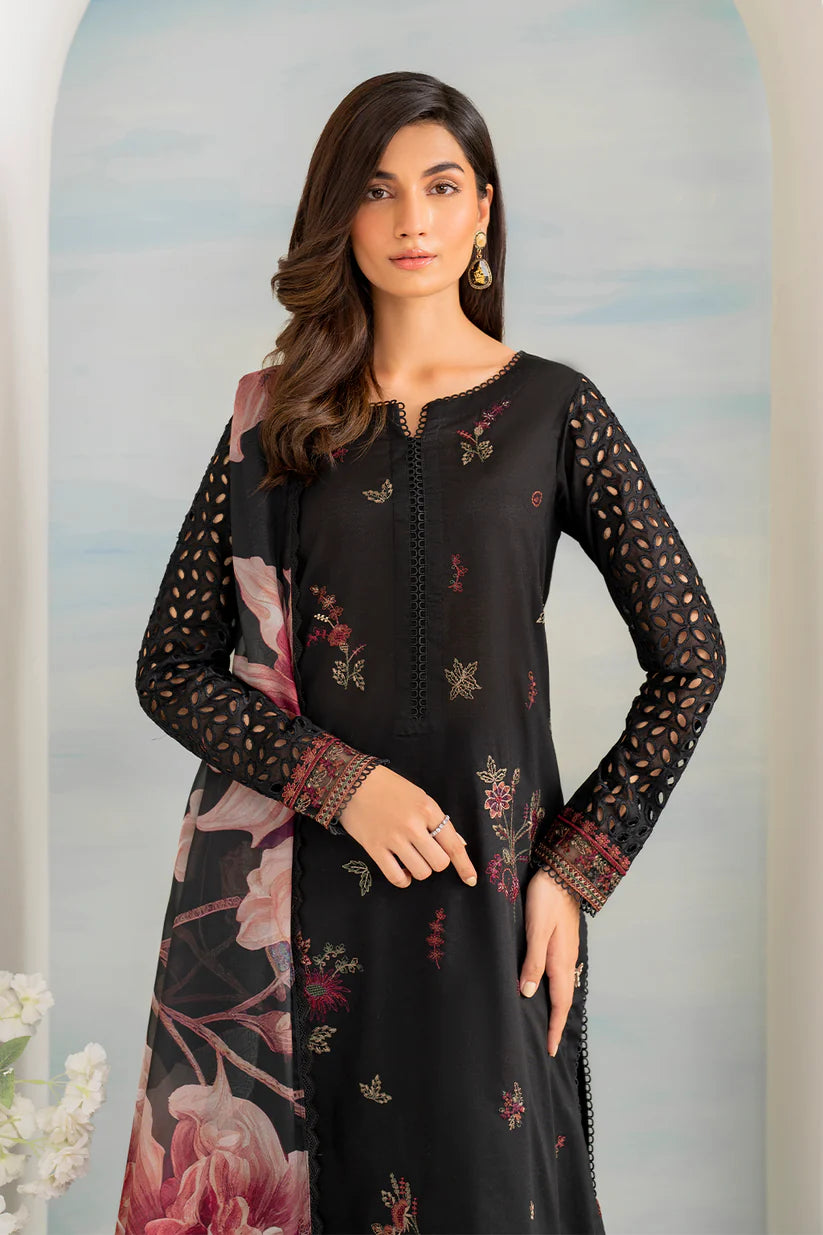 IZNIK- 3PC DHANAK EMBROIDERED SHIRT WITH COUTURE PRINT SHAWL AND EMB TROUSER-W.J-1793