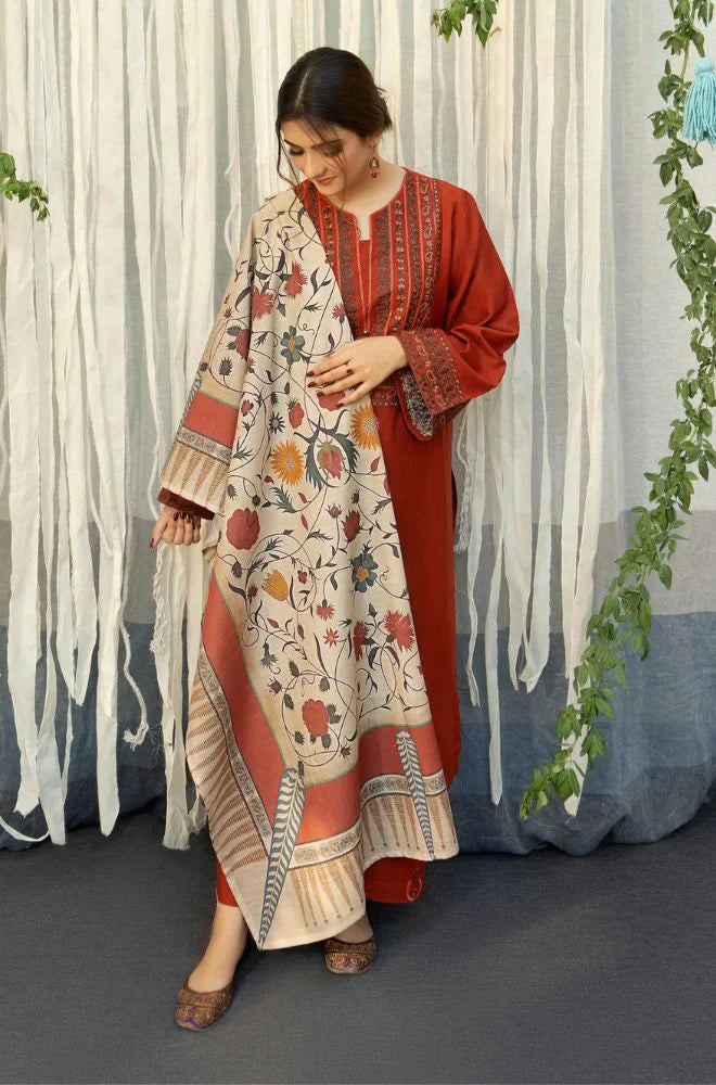 URGE - 3PC DHANAK EMBROIDERED SHIRT WITH COUTURE WOOL PRINT SHAWL AND TROUSER-W.J-1183
