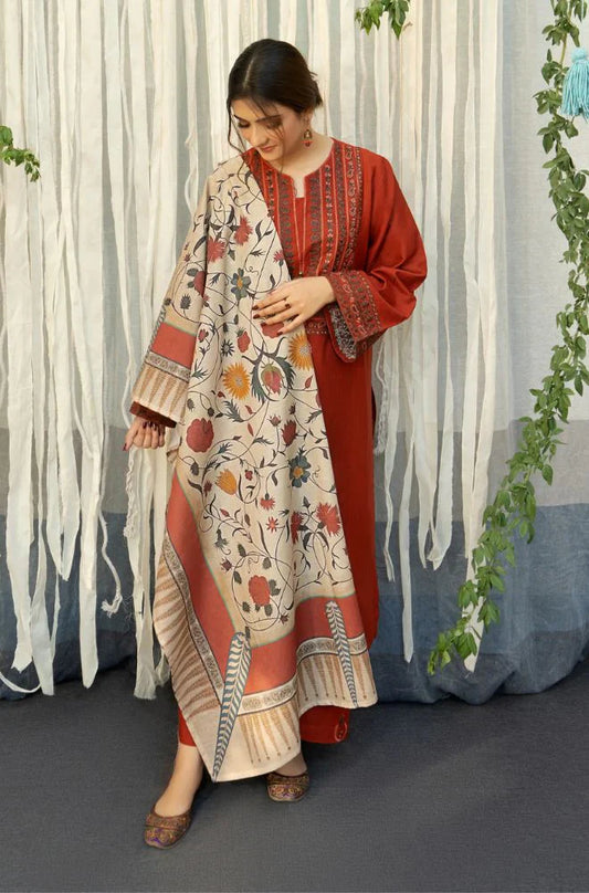 URGE-3PC DHANAK EMBROIDERED SHIRT WITH COURTRAI PRINTED SHAWL AND TROUSER-W.J-1183