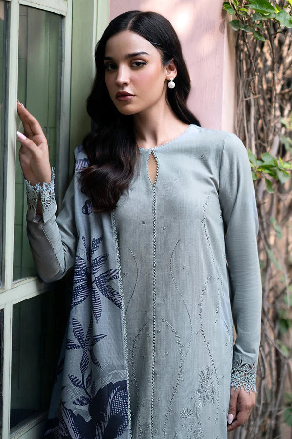 JAZMIN-3PC DHANAK EMBROIDRED SHIRT WITH WOOL PRINT SHAWL AND TROUSER-W.J-1038