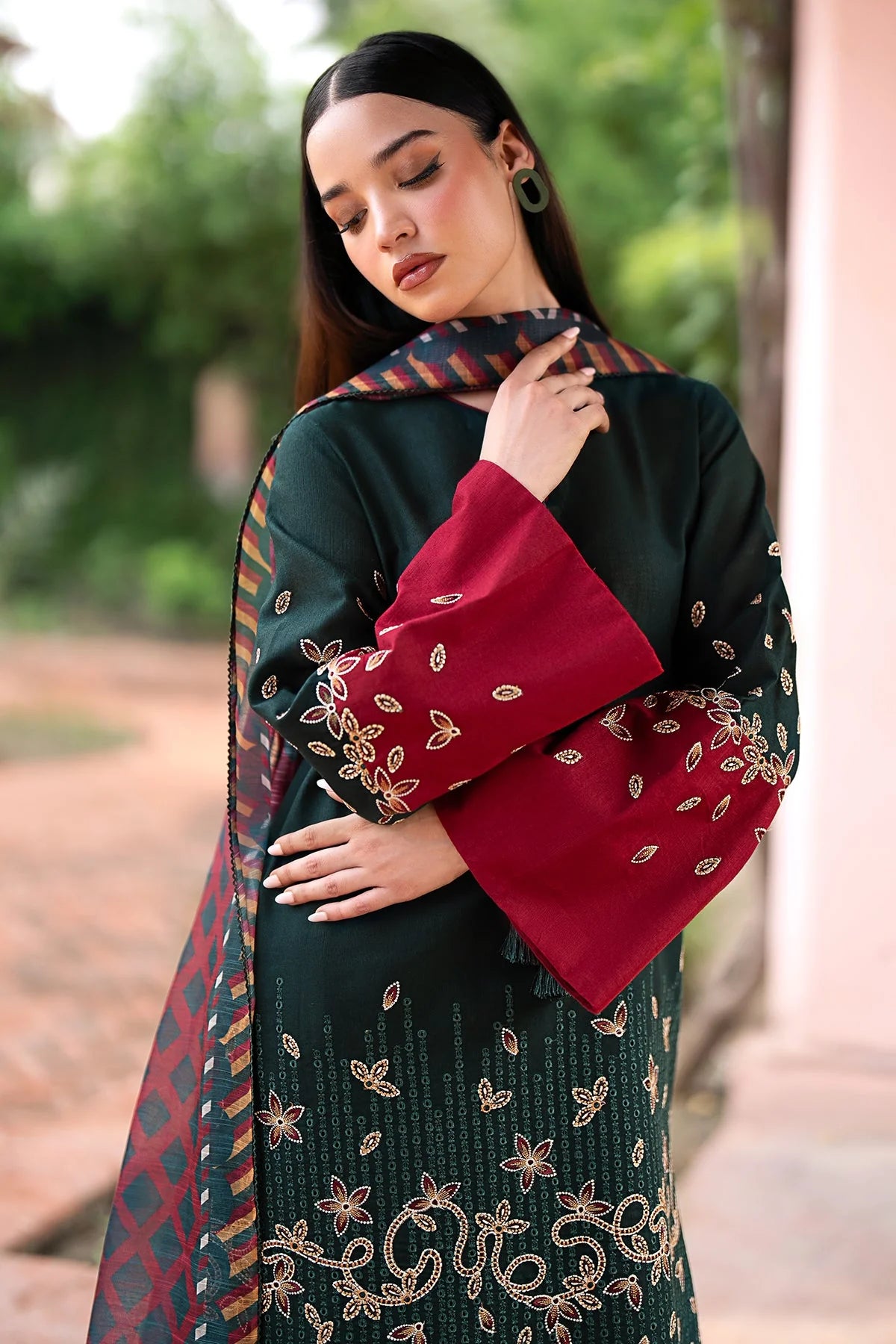 JAZMIN-3PC DHANAK EMBROIDRED SHIRT WITH WOOL PRINT SHAWL AND TROUSER-W.J-1023