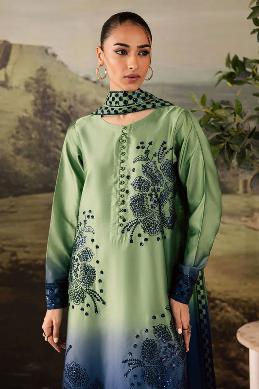 NUREH-3PC SHAMOZE SILK PRINTED EMBROIDERED SHIRT WITH SOFT SILK PRINTED EMB DUPATTA & TROUSER-W.J-1963
