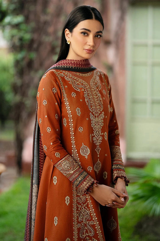 JAZMIN-3PC DHANAK EMBROIDERED SHIRT WITH COURTRAI PRINTED SHAWL AND TROUSER-W.J-1499