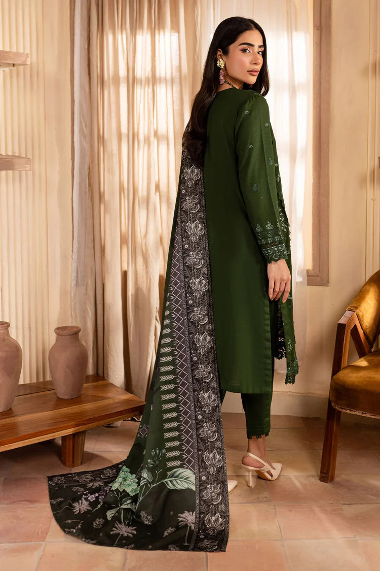 NUREH-3PC DHANAK EMBROIDERED SHIRT WITH COURTRAI PRINTED SHAWL & TROUSER-W.J-2040