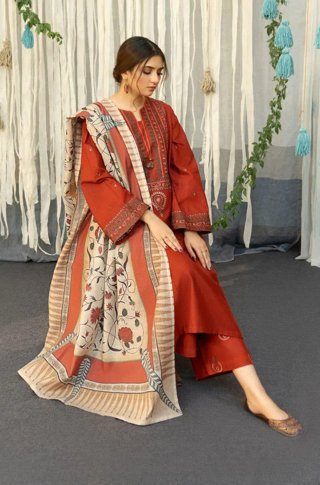 URGE - 3PC DHANAK EMBROIDERED SHIRT WITH COUTURE WOOL PRINT SHAWL AND TROUSER-W.J-1183