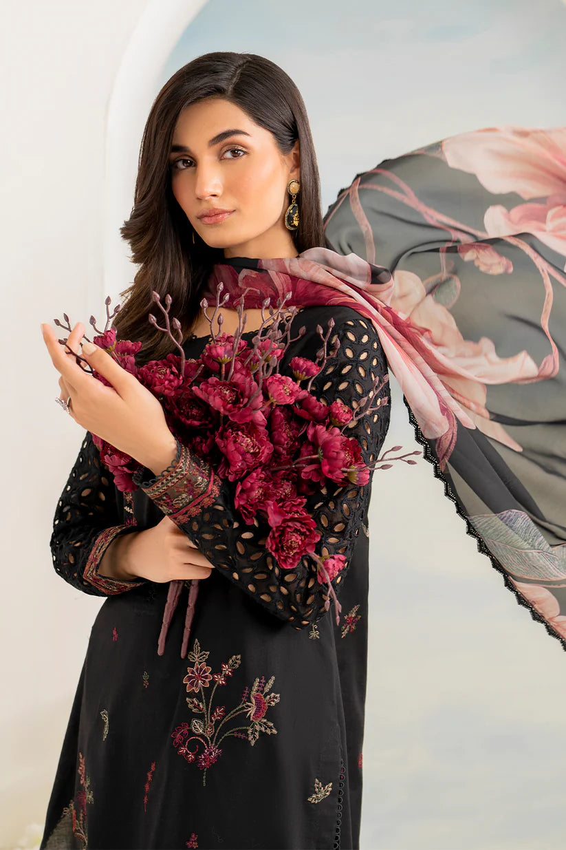 IZNIK- 3PC DHANAK EMBROIDERED SHIRT WITH COUTURE PRINT SHAWL AND EMB TROUSER-W.J-1793