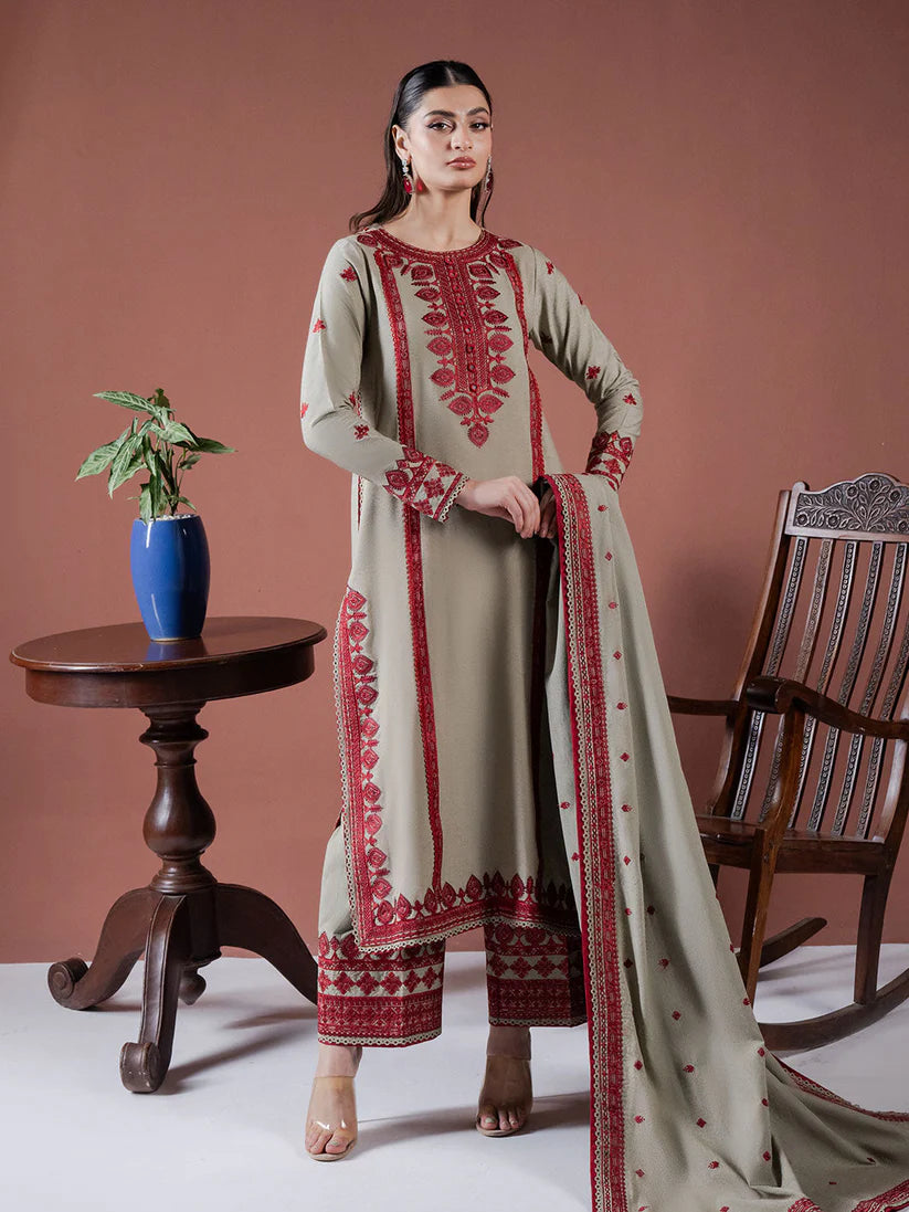 ASIM JOFA-3PC DHANAK EMBROIDERED SHIRT WITH DHANAK EMBROIDERED SHAWL AND EMB TROUSER-W.J-1900