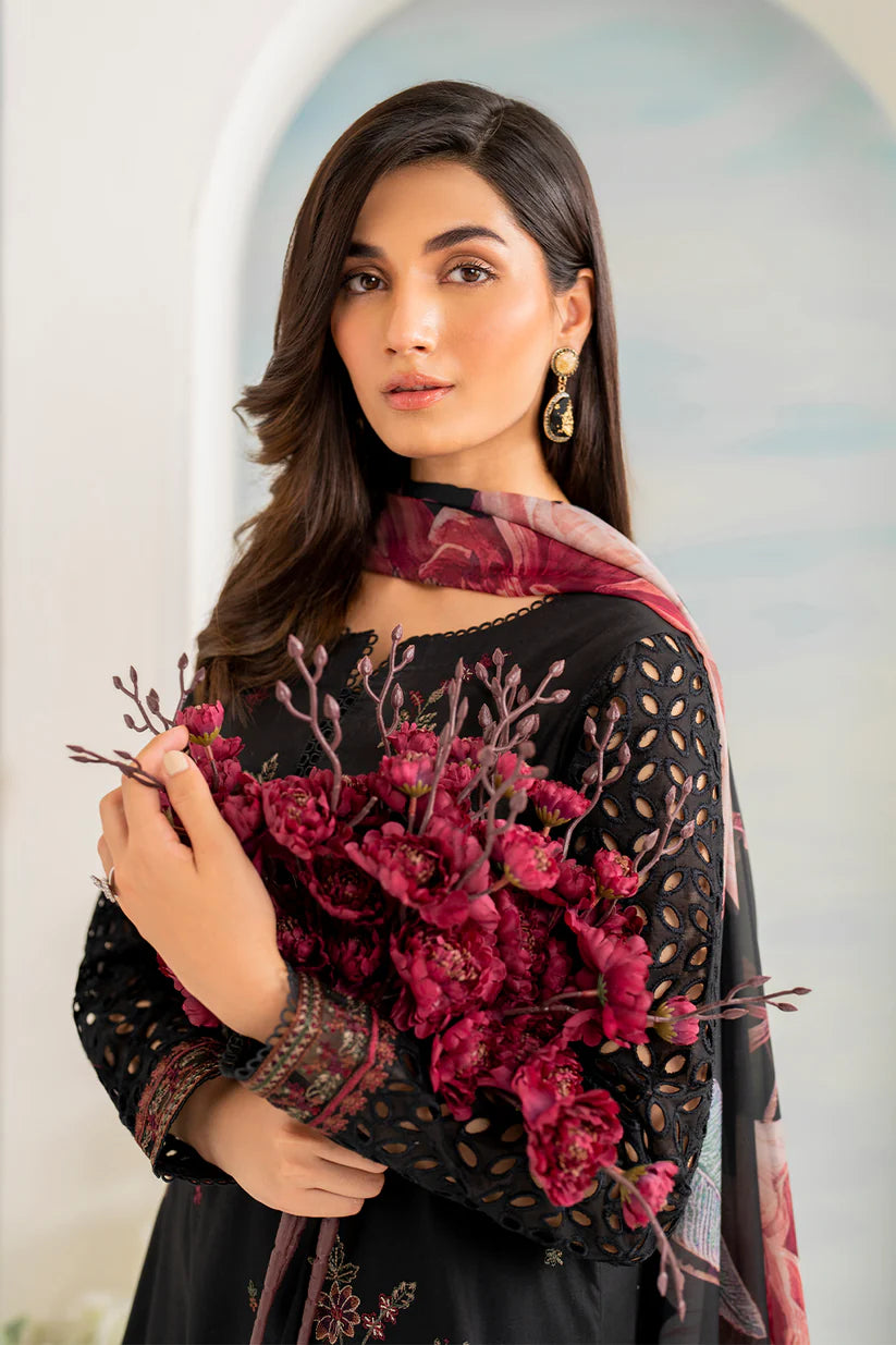IZNIK- 3PC DHANAK EMBROIDERED SHIRT WITH COUTURE PRINT SHAWL AND EMB TROUSER-W.J-1793