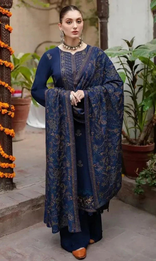 BAREEZE - 3PC DHANAK EMBROIDERED SHIRT WITH DHANAK EMBROIDERED SHAWL AND TROUSER -W.J-1781