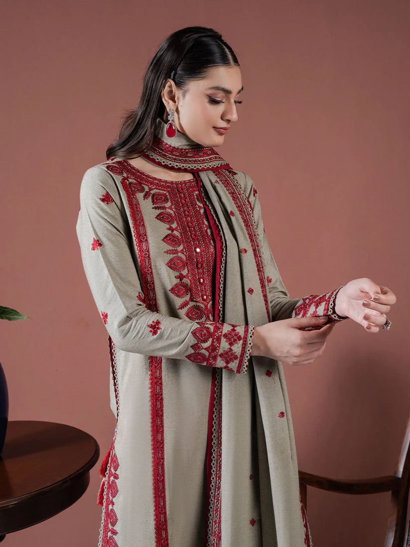ASIM JOFA-3PC DHANAK EMBROIDERED SHIRT WITH DHANAK EMBROIDERED SHAWL AND EMB TROUSER-W.J-1900
