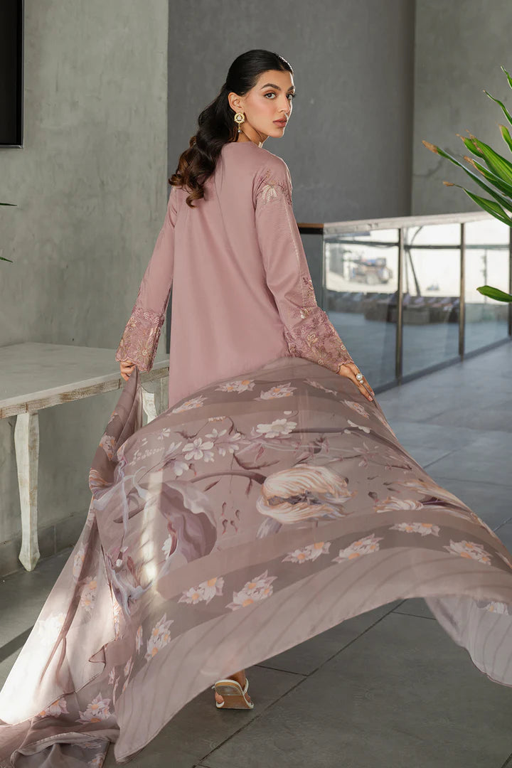IZNIK-3PC DHANAK EMBROIDERED SHIRT WITH COUTRAI PRINTED SHAWL AND TROUSER-W.J-1805
