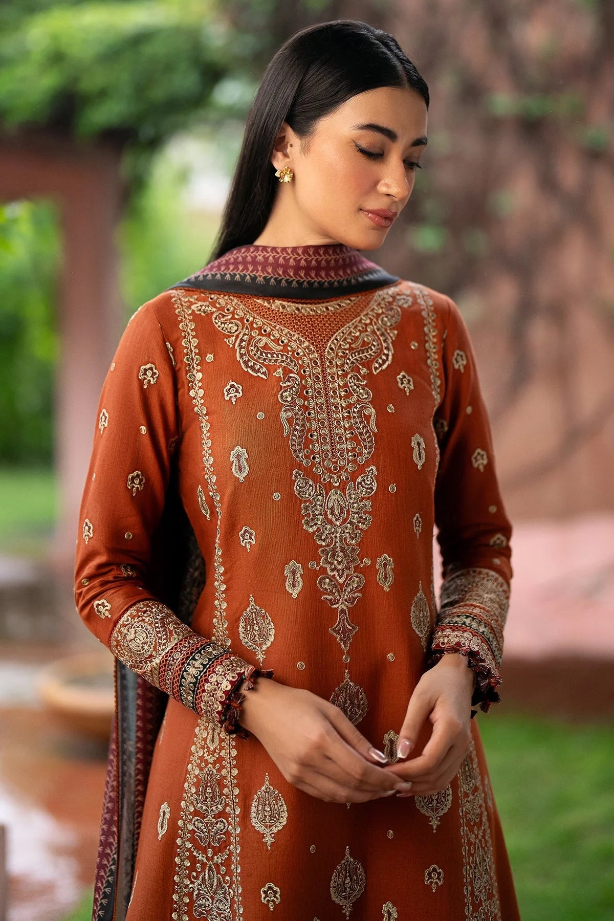 JAZMIN-3PC DHANAK EMBROIDERED SHIRT WITH COURTRAI PRINTED SHAWL AND TROUSER-W.J-1499