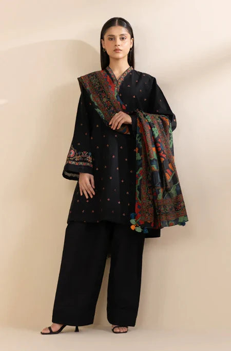 SAPPHIRE-3PC DHANAK EMBROIDERED SHIRT WITH COURTRAI PRINTED SHAWL & TROUSER-W.J-2059
